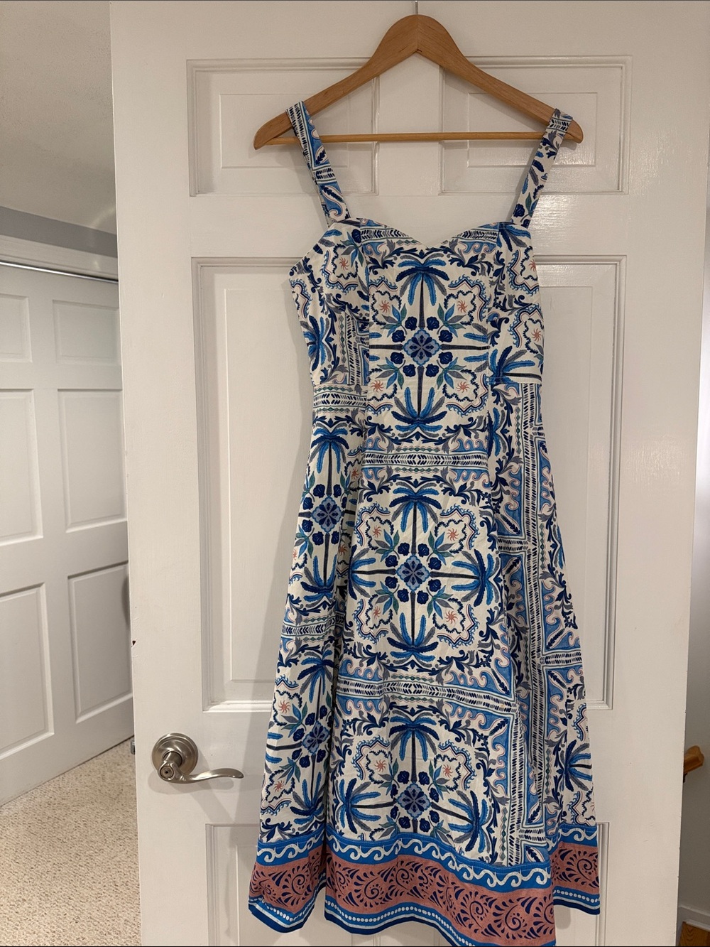 Avec Les Filles Blue and White Tile-Print Midi Dress with Coral Border